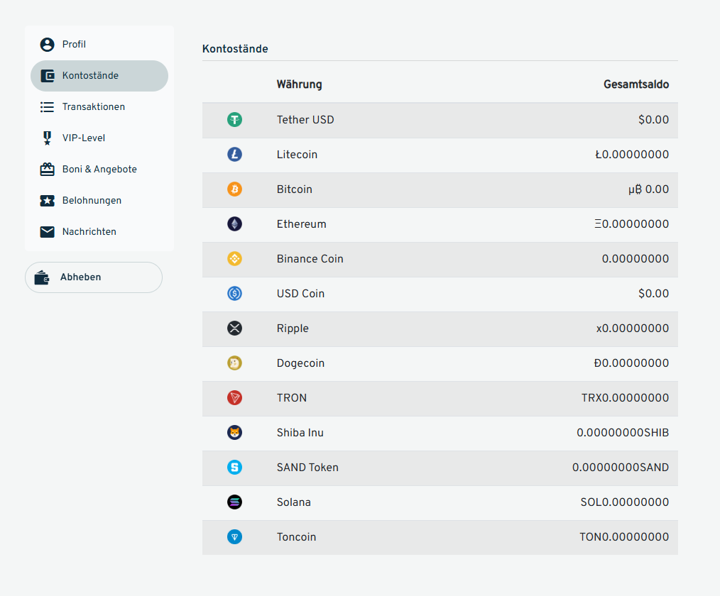 Cryptorino Wallet mit Coin-Balances