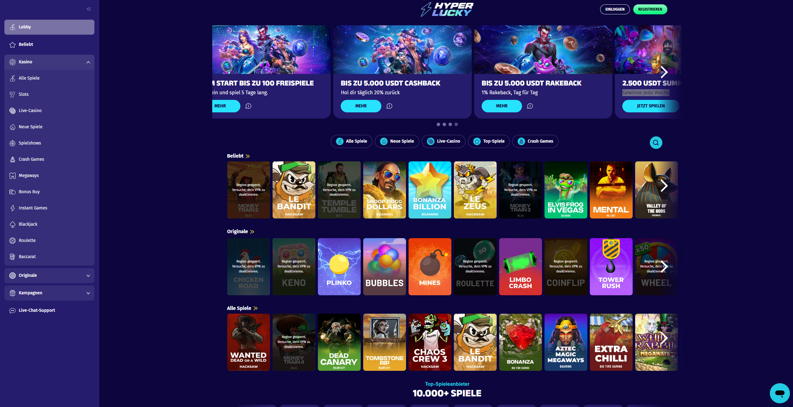 HyperLucky Casino Startseite Screenshot