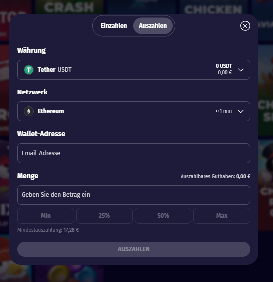 HyperLucky Auszahlung Withdraw Fenster